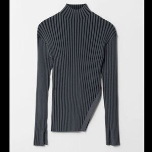 & Other Stories Knit Ribbed Fitted Sweater with Slit Hem Detail in Dark blue